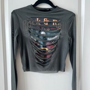 ENVME Rock & Roll Graphic Mesh Cutout Long Sleeve Top